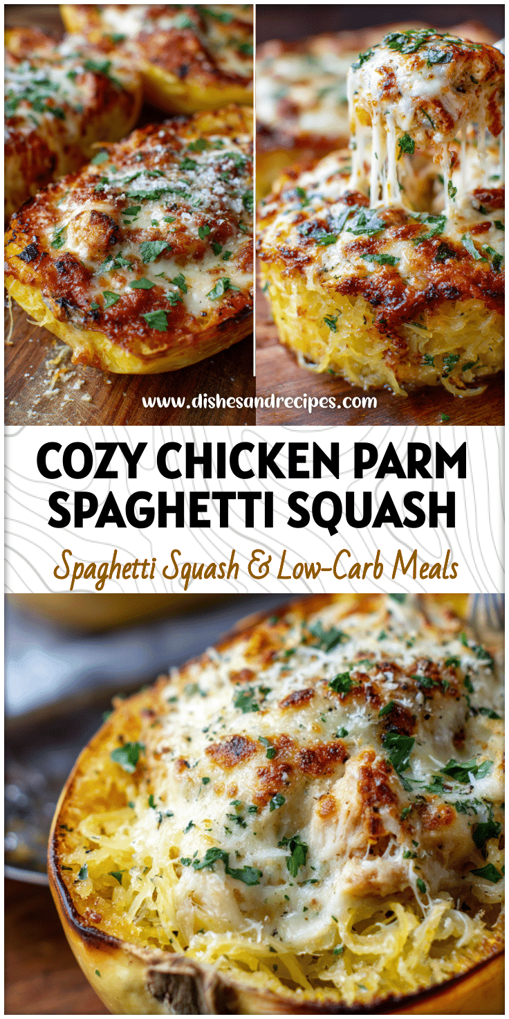 Golden Baked Chicken Parm Spaghetti Squash with melted cheese, herbs, and roasted winter squash.